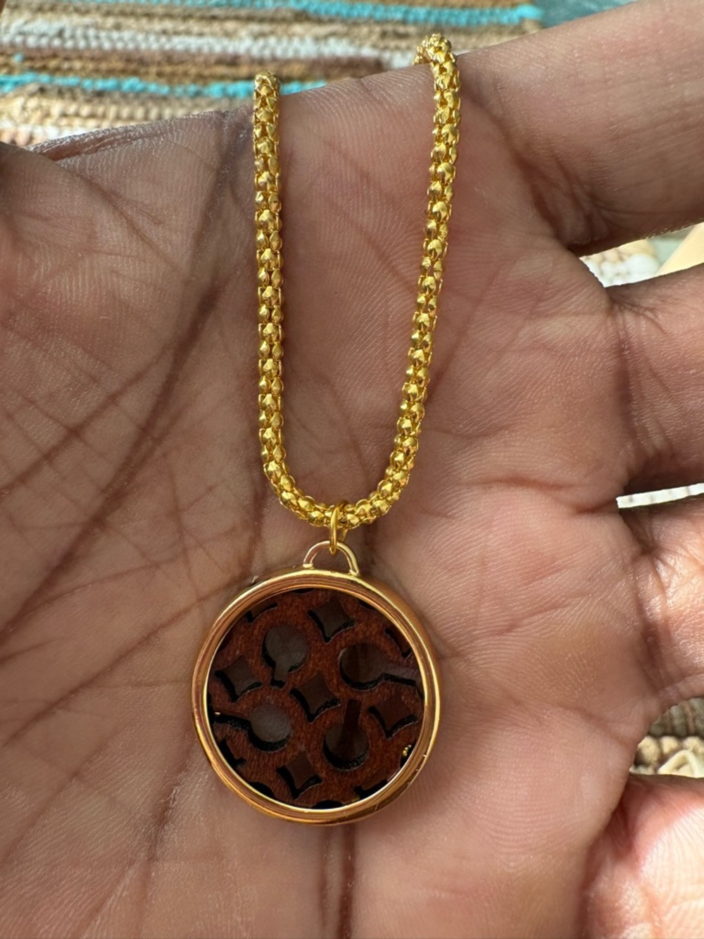 Coach Gold-Tone Necklace with Brown Wood Inlay Pendant